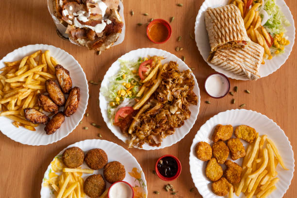 top view of doner kebab, variety of dishes of asian origin